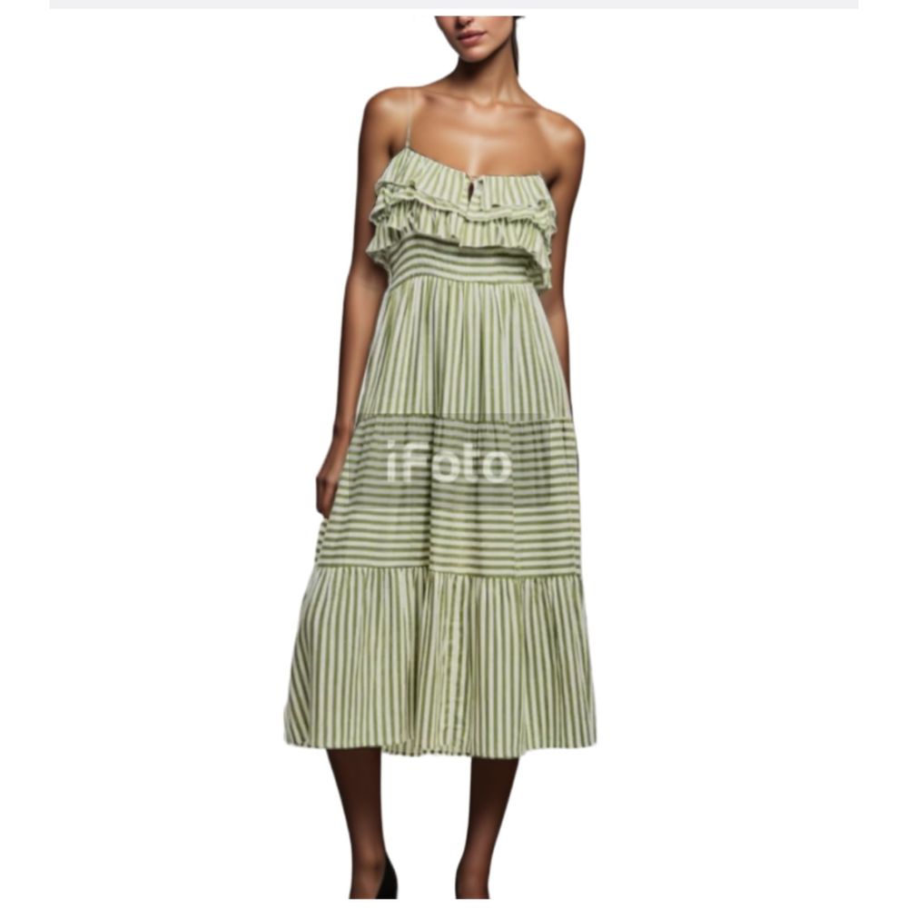 ZARA Midi Dress Linen Blend Striped Green Ruffles Tiered Sz S